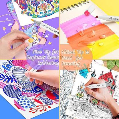 Caliart Alcohol Markers, 24 Colors Art Marker Set Fine & Chisel Dual Tip, Permanent Colored Pens for Adults Coloring Book Artists Illustration Sketch Lettering Drawing Cards Planner