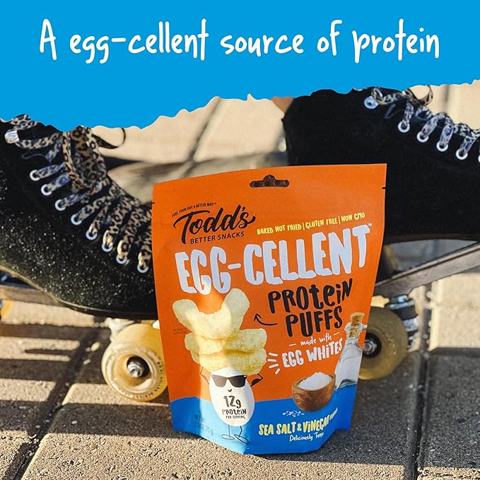 Todd's Better Snacks Egg-Cellent Protein Puffs, Sea Salt & Vinegar – 12g Protein, Gluten-Free, Paleo-Friendly, Baked, GLP-1 Compliant – Healthy Snack, Made with Egg Whites – 2.5 Oz (Pack of 4)