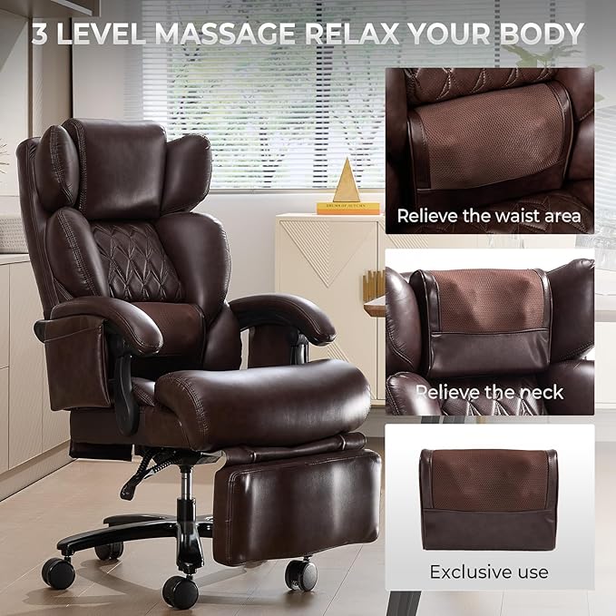 3-in-1 Massage Office Chair with Foot Rest 600LBS Big and Tall Office Chair with Massager and Heat for Heavy People, Reclining Executive Heavy Duty Office Chairs Brown