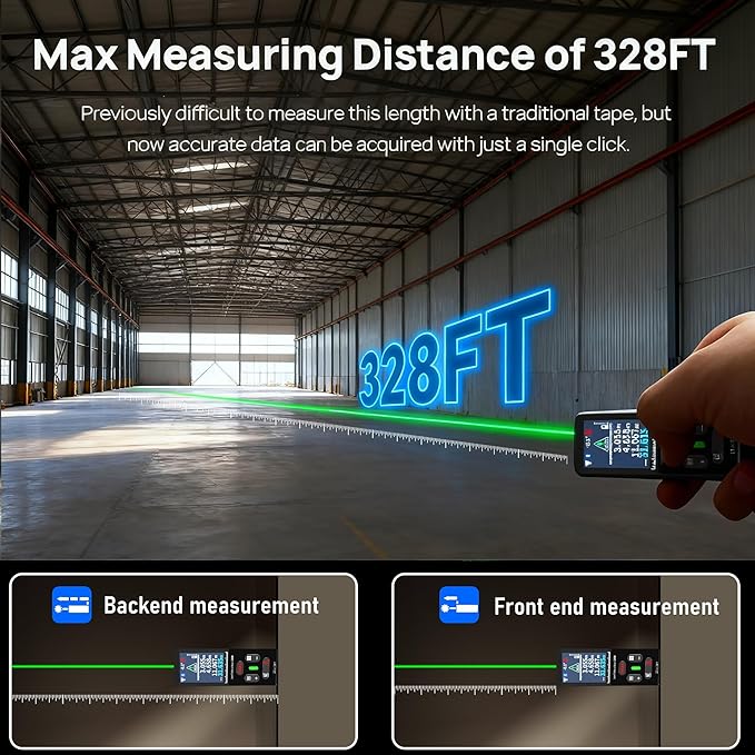 Laser Measuring Tool 328 Ft Dual Green Laser Rangefinder Green Crosshair Laser Measuring Tool Backlit LCD Display Rechargeable Laser Rangefinder/Length/Volume/Area/Voice (m/Ft/in) ZC-L387 ZHOUCE
