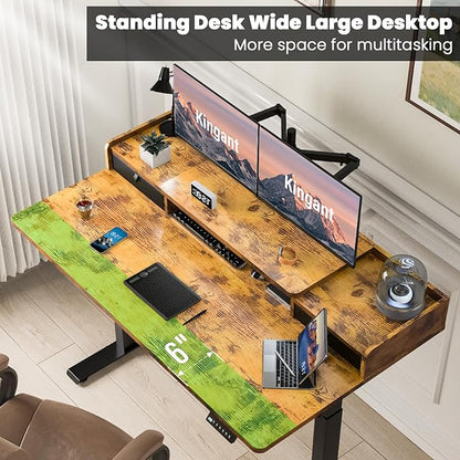 Kingant 48 x 30 Inch Standing Desk with Drawers, Adjustable Height Electric Sit Stand Desk with Storage Shelf, Rising Stand Up Computer Desk for Home Office Workstation, 3 Preset Heights