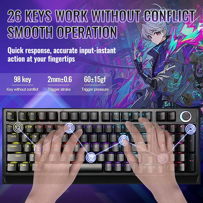 Mechanical Gaming Keyboard with Red Switches: 98 Keys PC Gaming Keyboard with Backlit，Multi-Function Volume & Lighting Knob,Anti-Ghosting Wired USB keybaord for Elite PC/Mac Gamers
