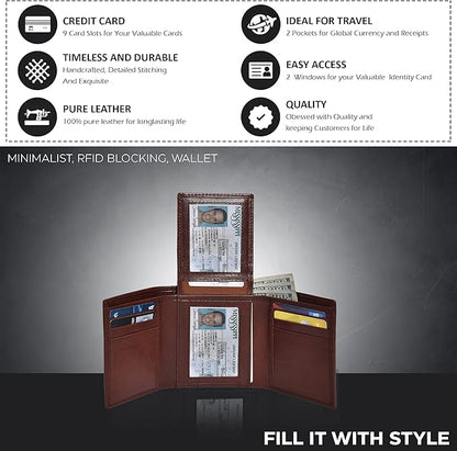 Real Leather Mens Trifold Wallet RFID Blocking Slim Minimalist Front Pocket - Thin & Stylish with ID Window in Gift Box