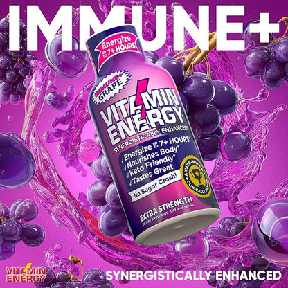 Vitamin Energy Immune+ Extra Strength Energy Shot Grape 8 Pack, 260mg Natural Caffeine, B-Vitamins, Citicoline, Green Tea, Immunity & Focus Support, Zero Sugar, Gluten-Free 1.93 fl oz
