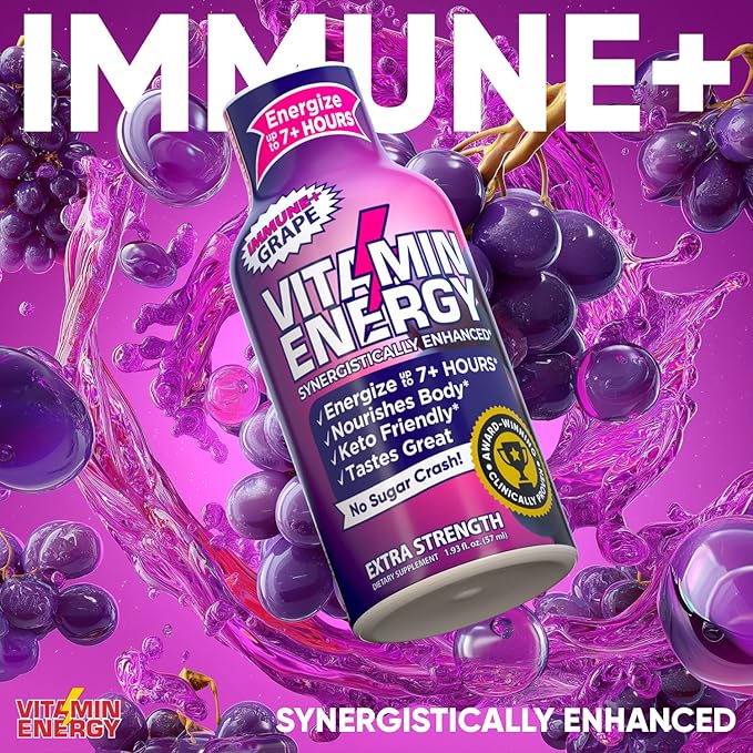 Vitamin Energy Immune+ Extra Strength Energy Shot Grape 10 Pack, 260mg Natural Caffeine, B-Vitamins, Citicoline, Green Tea, Immunity & Focus Support, Zero Sugar, Gluten-Free 1.93 fl oz