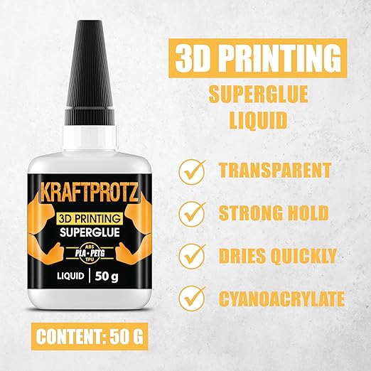 3D Printer Liquid Super Glue – XXL 50g / 1.76oz Ultra Thin – Bonds PLA, ABS, PETG, TPU & Nylon – Capillary Action for Micro Repairs – Waterproof, Heat Resistant – KRAFTPROTZ Precision Adhesive