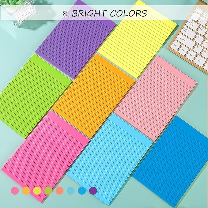 Lined Sticky Notes 4x6, 8 Pads, Sticky Notes with Lines Self-Stick Note Pads, Large Sticky Notes 8 Bright Colours, Perfect for Office Home School Desk Accessories, 40 Sheets/pad