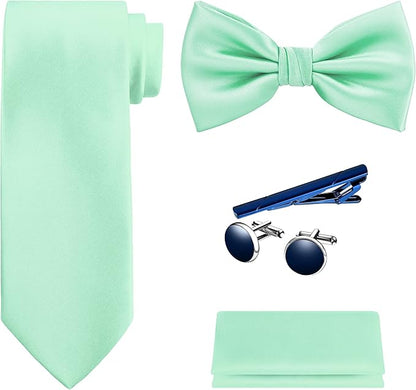 TIE G 5pcs Tie Set in WHITE OR BLACK GIFT BOX: Solid Color Necktie, Satin Bow Tie, Pocket Square, Lapel, Cuff Links