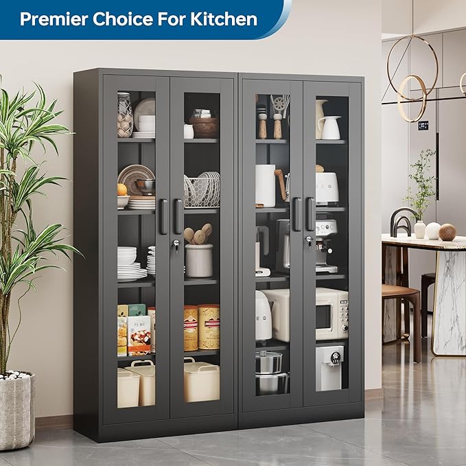 Display Storage Cabinet with Glass Door, 67 Inches Metal Curio Cabinet with 4 Adjustable Shelves, Lockable Glass Display Case for Home, Office, Clinic, Pantry, Assemble Required (Black)