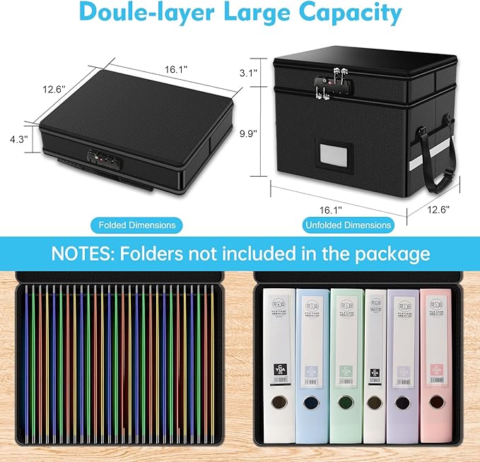 RHM Fireproof Document Box with Lock, 2 Layer Fire Proof File Box for Documents with Handle, Portable Home Office Fire Safe Document Box for Hanging Letter/Legal Folder/Certificate