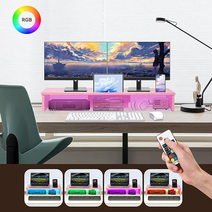 Dual Monitor Stand Riser with LED Lights and Phone Tablet Holder, 35.8in Large Monitor Stand for Desk, Computer Monitor Stand for 2 Monitors, Desktop Shelf Organizer for Laptop, Printer, TV