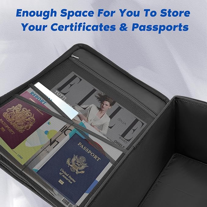 Fireproof Document Box with Lock, Waterproof File Safe Box Anti-Static Collapsible Portable Office Home File Cabinet with Reflective Strip for important Hanging Letter & Legal Folder Certificate