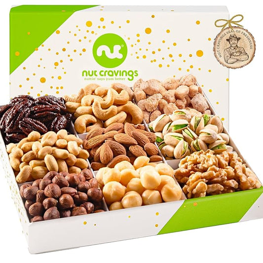 NUT CRAVINGS - Thanksgiving Mixed Nuts Gift Basket in White Gold Box (9 Assortments) Holiday Xmas Christmas Food Arrangement, Healthy Snack Care Package, Food Assortments