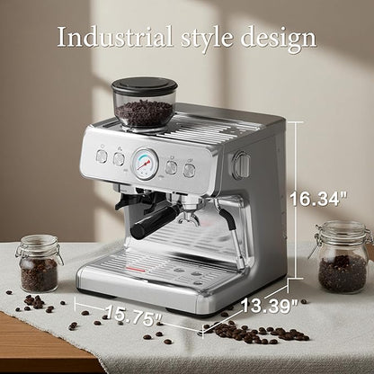 Kndko 20 Bar Espresso Machine with Grinder, Automatic Espresso Maker with PID Control & Milk Frother Steam Wand, Removable Water Tank – Barista-Style Lattes & Cappuccinos at Home (Silver)
