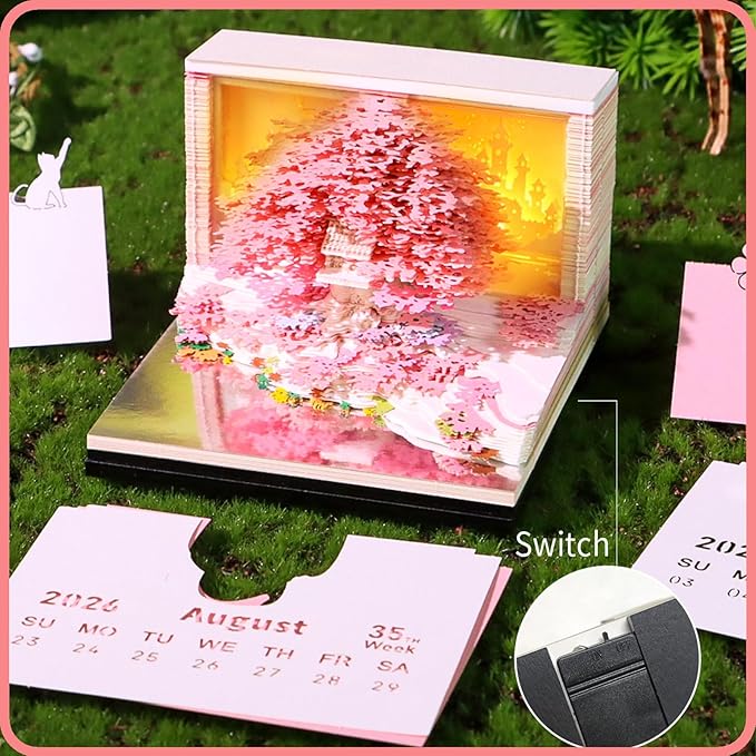 Time Piece Calendar 2026 Desk Calendar 3D Memo Pad Weekly Calendar Tear-Away Paper Carving Art Notepad Gift for Thanksgiving Christmas Office Desktop Decoration-Pink Flower Island
