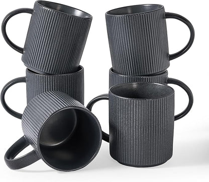 famiware Coffee Mug Set for 6, Star 16 oz Catering Mugs Cup Set with Handle for Coffee, Tea, Cocoa, Milk - Ceramic Stoneware Drinkware Set, Matte Dark Charcoal