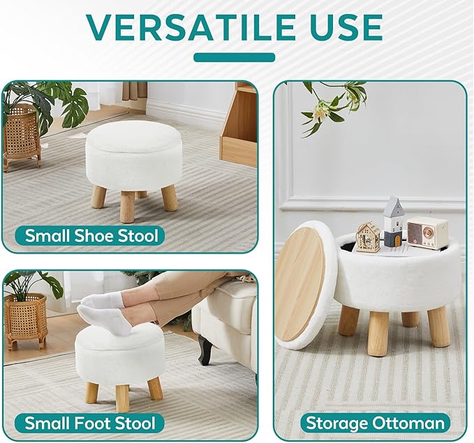 Small Foot Stool Ottoman with Storage, Faux Fur Ottoman Foot Rest for Couch, Round Footstool with Storage, Small Ottomans and Footstools for Living Room and Entryway (White)