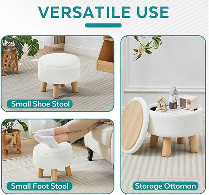 Small Foot Stool Ottoman with Storage, Faux Fur Ottoman Foot Rest for Couch, Round Footstool with Storage, Small Ottomans and Footstools for Living Room and Entryway (White)