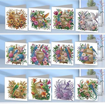 jinglinhh 12pcs Parrots Flower Birdcage Diamond Art Painting Greeting Cards with Envelopes, DIY Card Making Kits for Adults, Diamond Art Christmas Cards for Birthday Holiday Postcards Craft Gifts