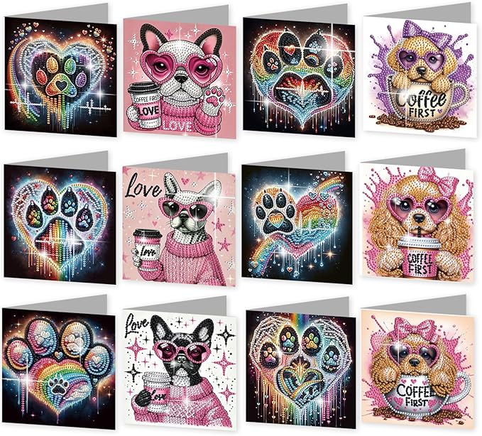 jinglinhh 12pcs Diamond Art Painting Dog Paws Greeting Cards with Envelopes, DIY Card Making Kits for Adults, Diamond Art Christmas Cards for Birthday Holiday Postcards Craft Gifts