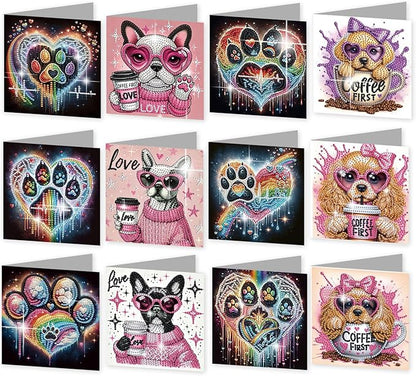 jinglinhh 12pcs Diamond Art Painting Dog Paws Greeting Cards with Envelopes, DIY Card Making Kits for Adults, Diamond Art Christmas Cards for Birthday Holiday Postcards Craft Gifts