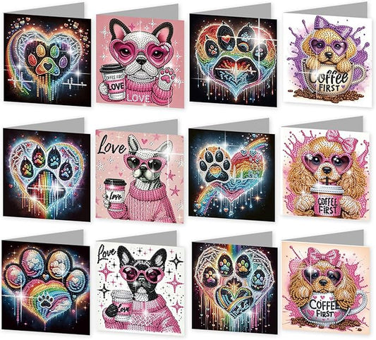 jinglinhh 12pcs Diamond Art Painting Dog Paws Greeting Cards with Envelopes, DIY Card Making Kits for Adults, Diamond Art Christmas Cards for Birthday Holiday Postcards Craft Gifts