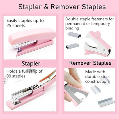 Pink Office Supplies, Pink Desk Accessories, Stapler, Staple Remover, Tape Holder, Pen Holder, Ballpoint Pen, Scissor, Binder Clips, Paper Clips and 1000pcs Staples.