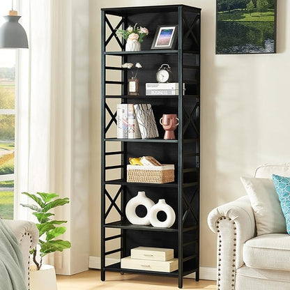 HOMBAZAAR 7 Tier Bookshelf, 78 Inch Tall Rustic Bookshelf with Metal Frame, Industrial Heavy Duty Bookshelves and Bookcases, Open Book Shelf for Office, Living Room and Library, Black
