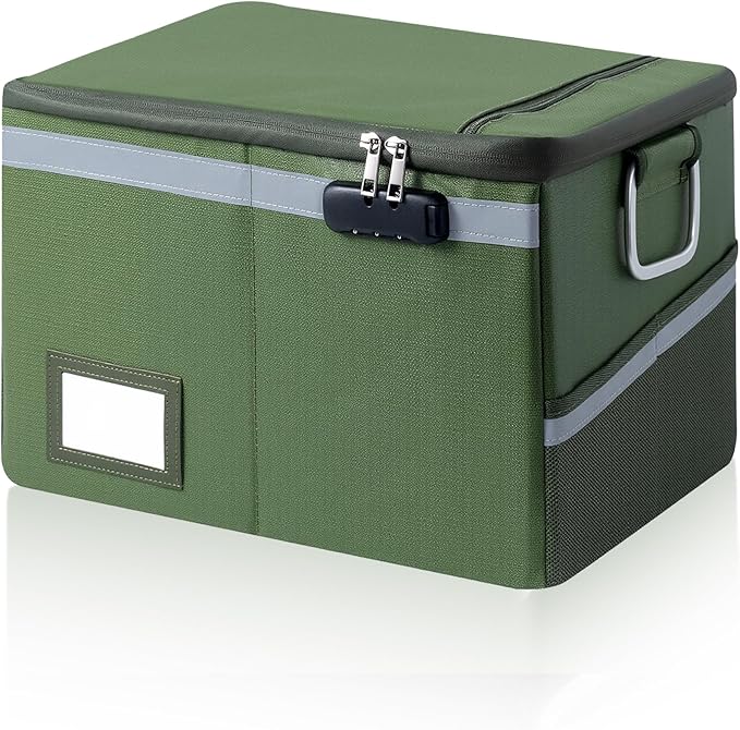 Fireproof Document Box,Portable File Organizer with Lock,Water-Resistant Document Organizer Collapsible File Cabinets for Home Office Safe Storage Box for Hanging Letter/Legal Folders-Green