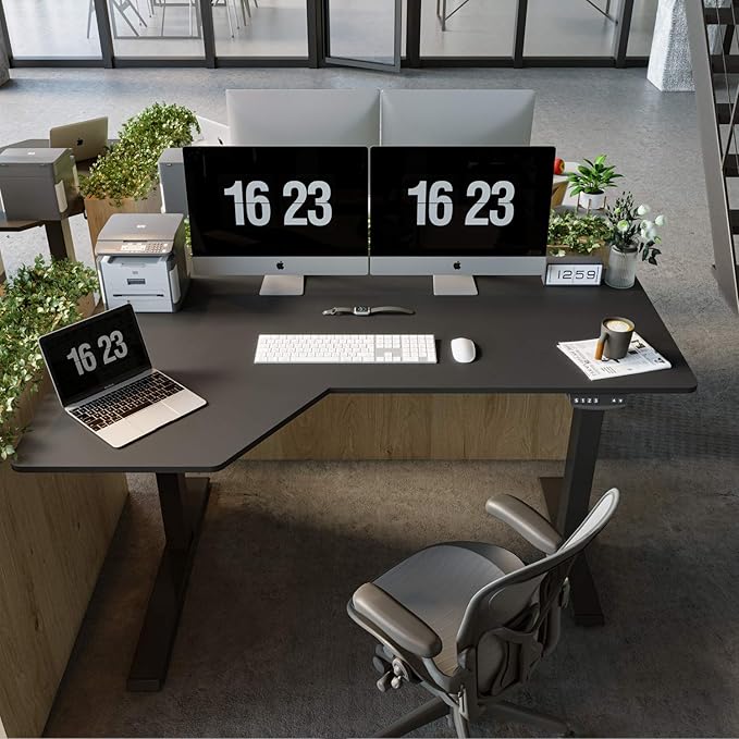 FEZIBO 55×32 inch L Shaped Electric Corner Standing Desk, 4 Memory Height Settings,Home Office & Computer Height Adjustable Table, Ergonomic Sit and Stand Up Workstation with Splice Board,Black Top