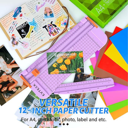 Evteck Paper Cutter 12 Inch Paper Trimmer Slider Crafting Scrapbooking Supplies for A4 Vinyl Photo Cardstock with Security Blade and Foldable Ruler