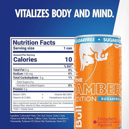 Red Bull Amber Edition Sugar Free Energy Drink, Strawberry Apricot, with 80mg Caffeine plus Taurine & B Vitamins, 8.4 Fl Oz, Pack of 4 Cans