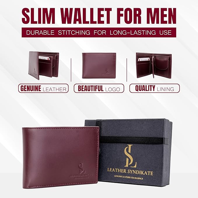 Bifold Wallet for Men with Premium Cowhide Leather Slim Wallet, Minimalist Design, Multiple Card Slots, Stylish Durable Gift-Ready Men’s Wallet (Maroon)