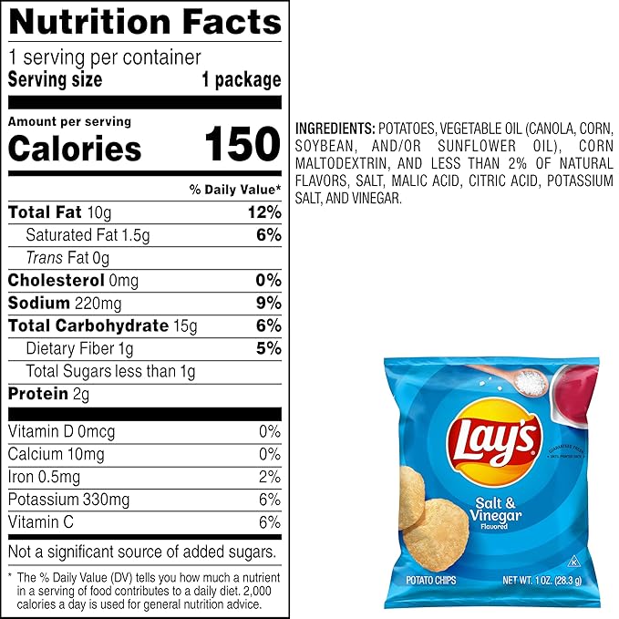 Lay's Salt & Vinegar Flavored Potato Chips, 1 oz Bags, (40 Count) (Packaging May Vary)