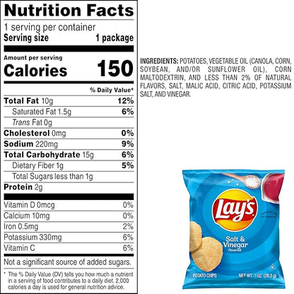 Lay's Salt & Vinegar Flavored Potato Chips, 1 oz Bags, (40 Count) (Packaging May Vary)