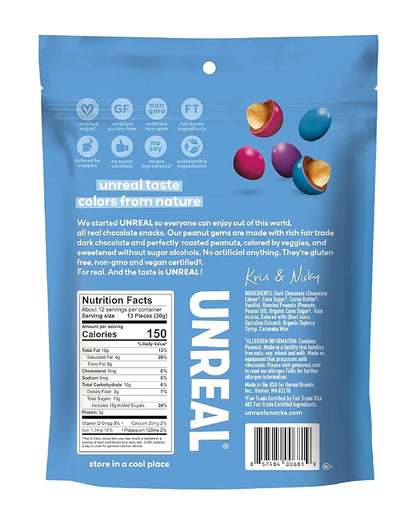Unreal Dark Chocolate Peanut Gems | Vegan with Colors from Nature | Fair Trade, Non-GMO, Gluten Free Ingredients | No Sugar Alcohols or Soy, 13oz, 1 Bag