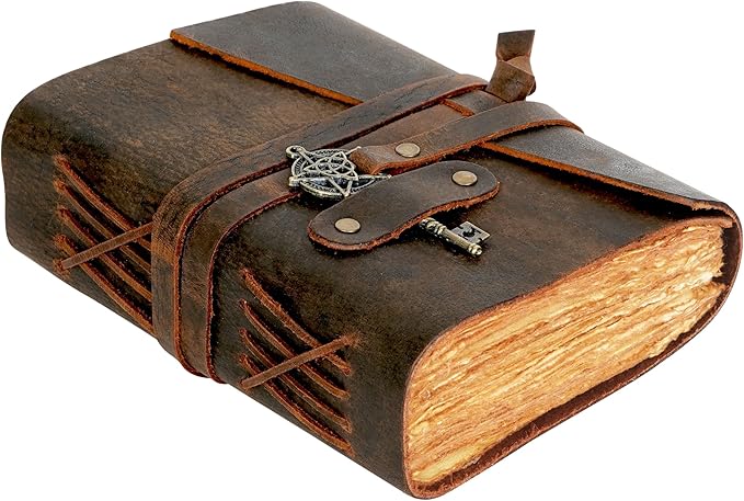 LEATHER VILLAGE Leather Bound Vintage Journal for Women & Men - 7"X5"(A7), Rustic Mocha Brown, 200 Pages of Handmade Deckle Edges Watercolor Paper - Antique Lock Closure - Book of Shadow