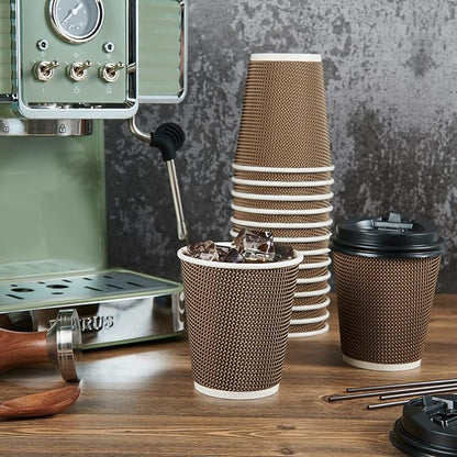 LITOPAK 80 Pack 10 oz Paper Coffee Cups, Insulated Ripple Wall Hot Coffee Cups with Lid and Straws, Brown Three Layer Insulated Hot Beverage Cups for Parties, Picnic, and Travel