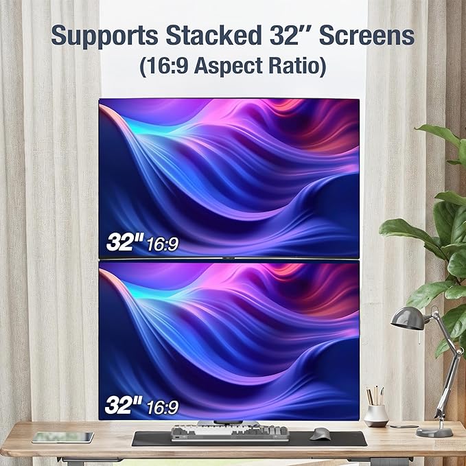AVLT Dual 49 Inch Stacking Monitor Pole Mount - Stack 44 lbs Super Ultrawide Screens on Heavy-Duty Pole, Height Tilt Swivel Rotate Adjustment, C-clamp and Grommet Mounting Base, VESA Compatible