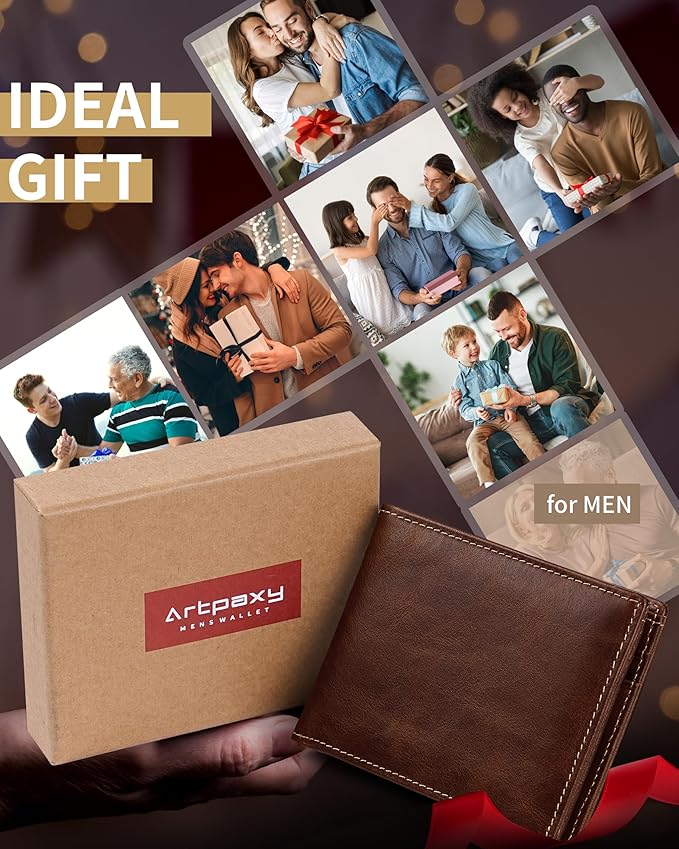 Mens Wallet Bifold Genuine Leather RFID Blocking Wallet for Men with 2 ID Windows 11 Card Holders 2 cash pockets 1 Gift Box