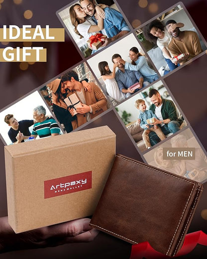Mens Wallet Bifold Genuine Leather RFID Blocking Wallet for Men with 2 ID Windows 11 Card Holders 2 cash pockets 1 Gift Box