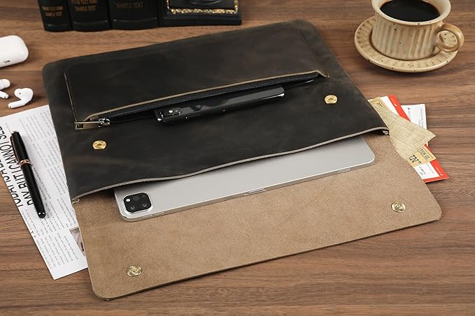 Genuine Leather Sleeve for 13/14/15-in MacBook Pro & MacBook Air, Slim Protective Laptop Case, Folio Document Organizer Leather Folder Portfolio-Grey