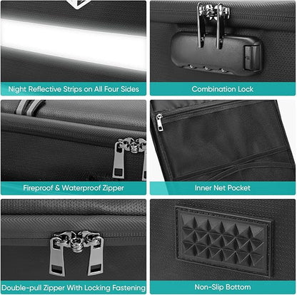 BALEINE Fireproof Document Box with Lock, Portable Fireproof Document Bag Waterproof Fire Proof File Boxes for Documents, File Organizer Box for Important Paperwork (Black, 16''x12.5''x11.5'')