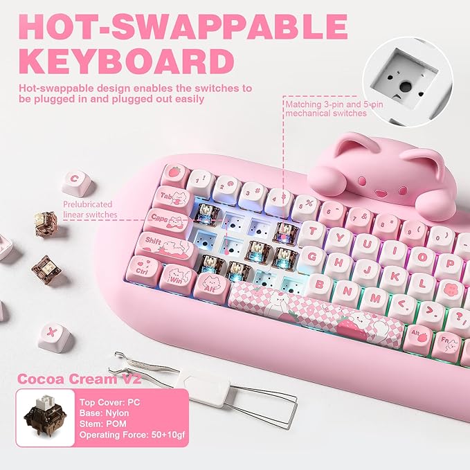 YUNZII C68 Wireless Mechanical Keyboard,65% Layout,Hot Swap,Triple Mode BT5.0/2.4G/Wired, RGB Backlit NKRO,Cute Cat Silicone Ergonomic Design for Win/Mac(Pink, Cocoa Cream V2 Switch)
