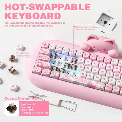 YUNZII C68 Wireless Mechanical Keyboard,65% Layout,Hot Swap,Triple Mode BT5.0/2.4G/Wired, RGB Backlit NKRO,Cute Cat Silicone Ergonomic Design for Win/Mac(Pink, Cocoa Cream V2 Switch)