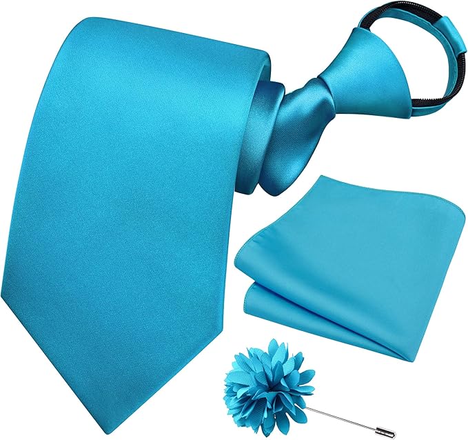 Branduce 3.15"（8cm） Pre-tied Adjustable Zipper Tie and Lapel Pin Solid Necktie Handkerchief Set for Men