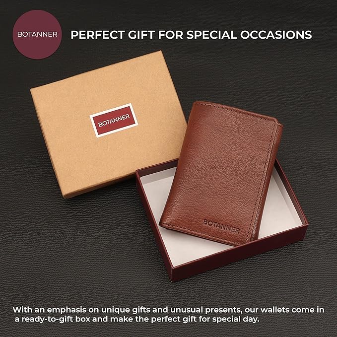 Genuine Leather Mens Trifold Wallet RFID Blocking 6 Credit Card Slots 1 ID Window 1 Section for Bills 2 Hidden Pockets- Choco