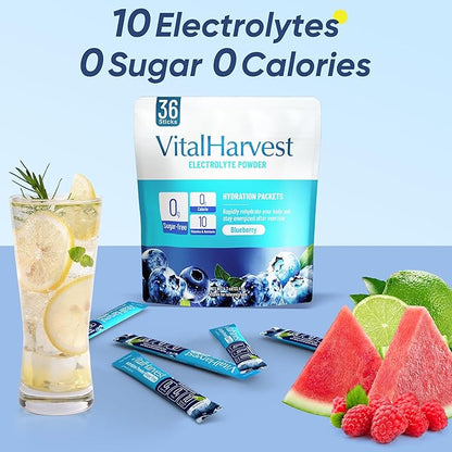 VitalHarvest 36 Sticks Electrolytes Powder Packets Sugar Free Hydration Packets Electrolyte Liquid Daily IV Drink Mix with Blueberry, Low Sodium, 0 Calorie