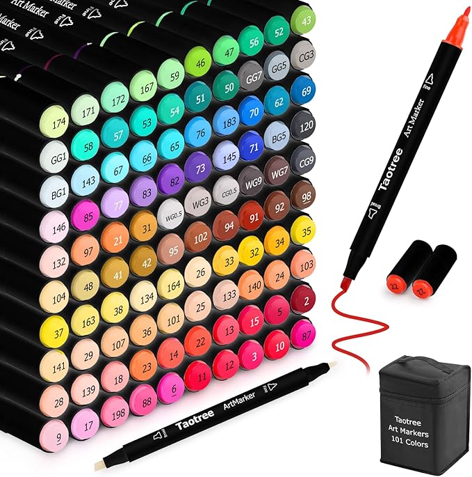 Taotree Alcohol Markers, 101 Colors Dual Tips Art Markers Pens Set, Chisel & Fine Sketch Pens, Art Supplies Kit for Artist Kids Adult Coloring Books Color, Painting, Drawing, Blending and Sketching