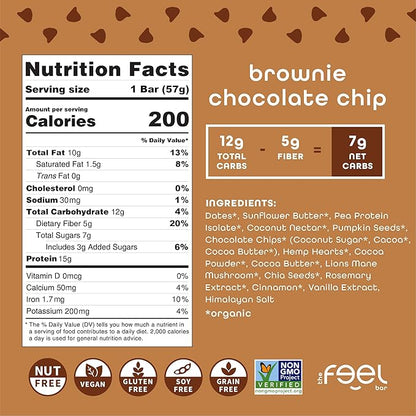 Feel Vegan Protein Bars | Brownie Chocolate Chip | Keto | Gluten Free | Organic | Lion’s Mane | 15g Plant Protein | Low Carb | High Protein | Dairy Free | Low Sugar | Nut, Grain, Soy Free | 10 Pack